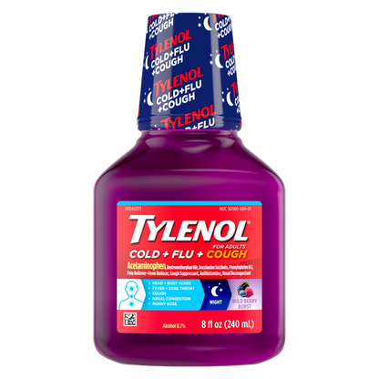 Tylenol Cold + Flu + Cough Night Liquid, Wild Berry Burst, 8 Fl. Oz
