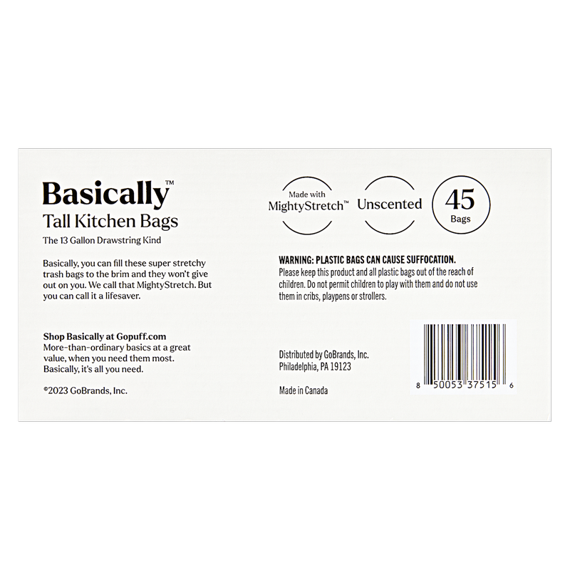 Basically 45ct MightyStretch 13 Gallon Tall Kitchen Bags