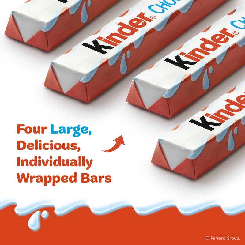 Kinder Chocolate, 4 Large Bars, Milk Chocolate Bar with Creamy Milky Filling, Individually Wrapped Candy, 3 oz Total