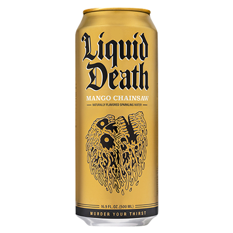 Liquid Death Sparkling Mountain Water Mango Chainsaw 16.9oz Can