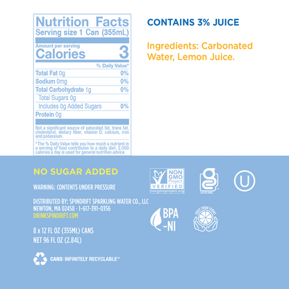 Spindrift Sparkling Water Lemon 16oz Can
