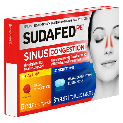 Sudafed PE Sinus Congestion Day + Night Tablets, 20 Count