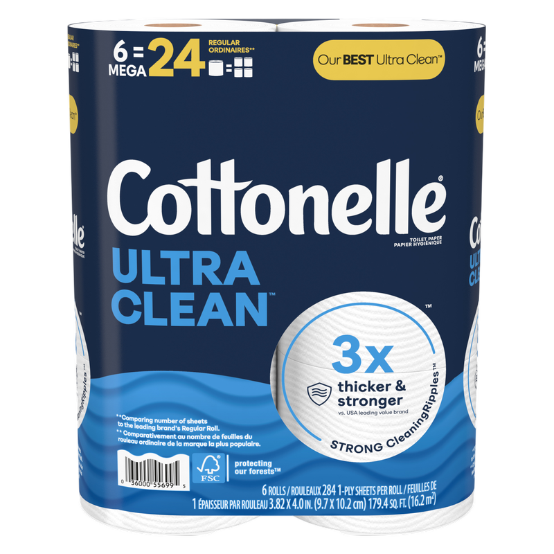 Cottonelle Ultra Clean Toilet Paper, Strong Toilet Tissue, 6 Mega Rolls, 284 Sheets Per Roll