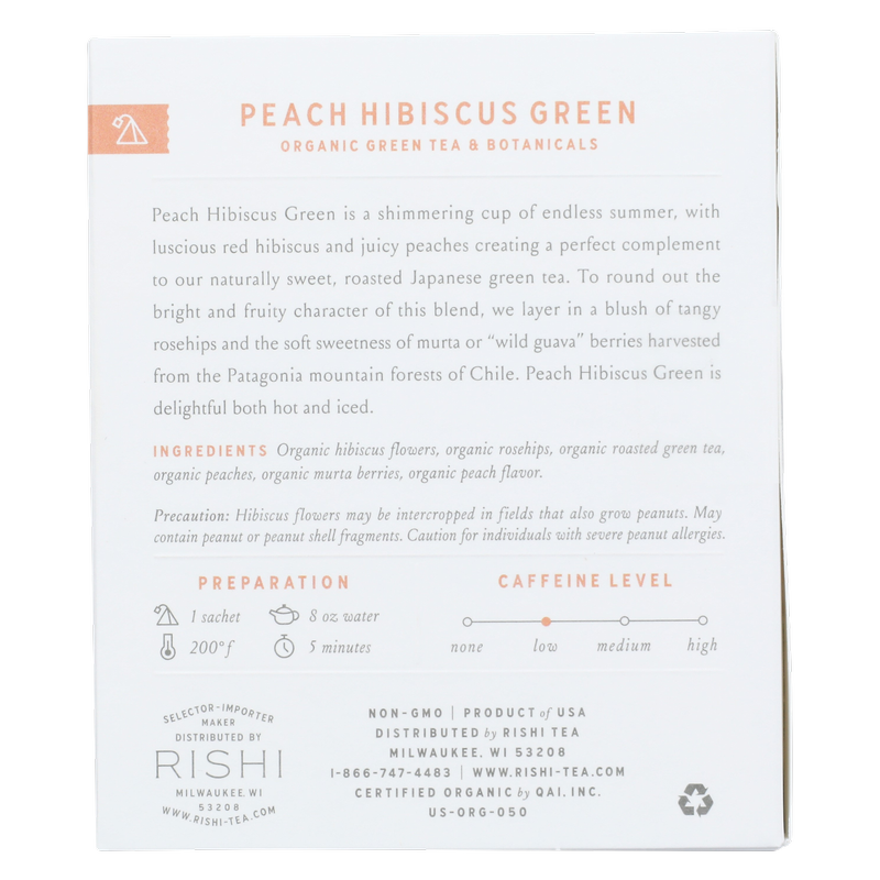 Rishi Tea Organic Peach Hibiscus Green Tea Sachets 15ct Box
