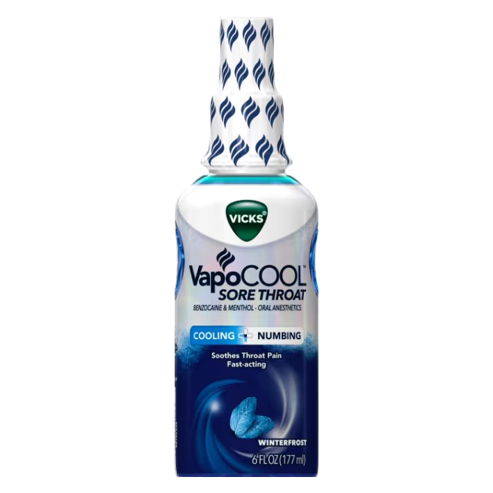 Vicks VapoCool Sore Throat Spray, Benzocaine & Menthol, Over-the-Counter Medicine, Winterfrost, 6 Oz