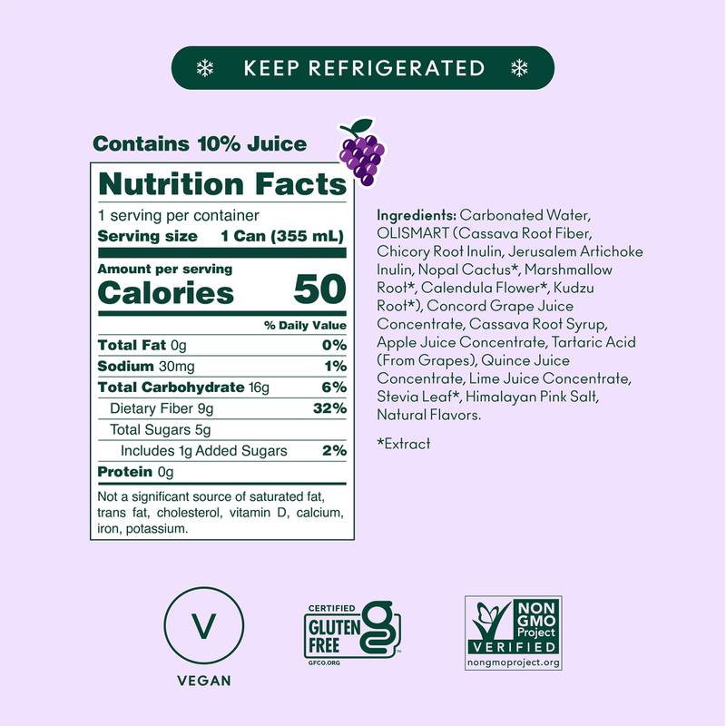 OLIPOP 9g Fiber Prebiotic Soda, Classic Grape, 12oz Can