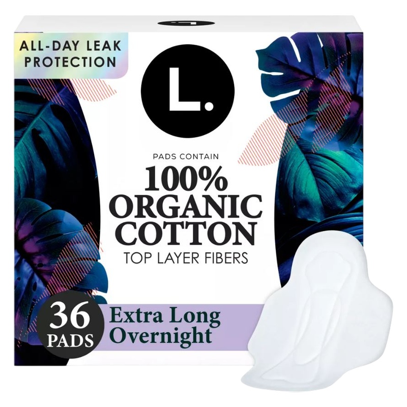 L. Ultra Thin Pads for Women, Organic Cotton Top Layer, Extra Long Overnight Absorbency, Menstrual Pads with Wings, 36 CT