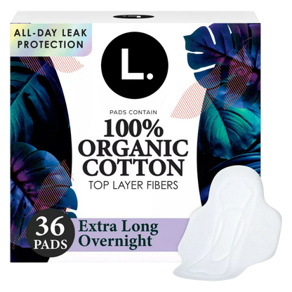 L. Ultra Thin Pads for Women, Organic Cotton Top Layer, Extra Long Overnight Absorbency, Menstrual Pads with Wings, 36 CT