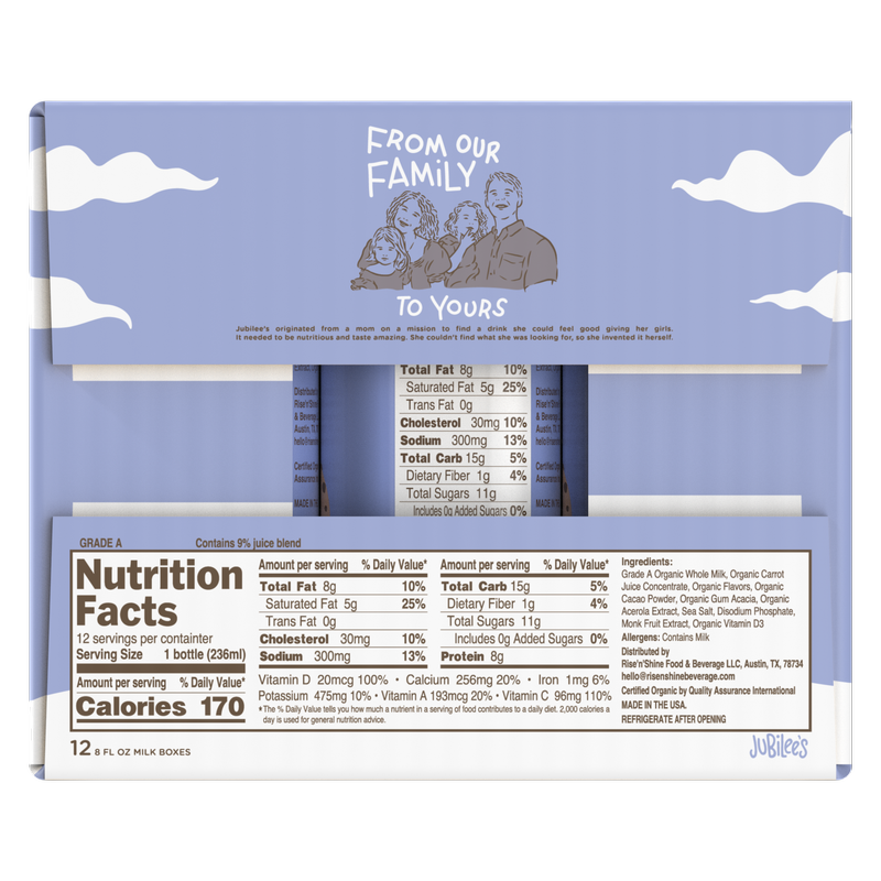 Jubilee's Organic Chocolate Chip Cookie Protein Milk 12pk 8oz Ctn- XL