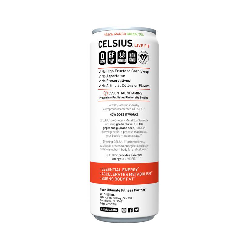 CELSIUS Peach Mango Green Tea Essential Energy Drink 12oz Can