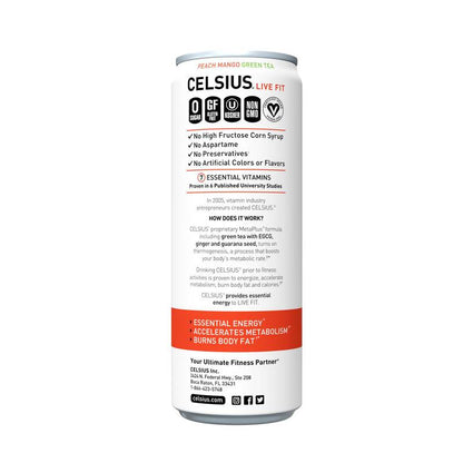 CELSIUS Peach Mango Green Tea Essential Energy Drink 12oz Can