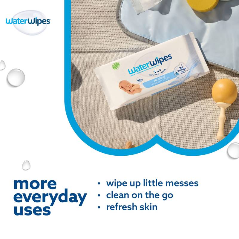 WaterWipes Sensitive+ Newborn & Baby Wipes, 3-In-1 Cleans, Cares, Protects, 99.9% Water, Unscented & Hypoallergenic, 60 Count (1 Pack)