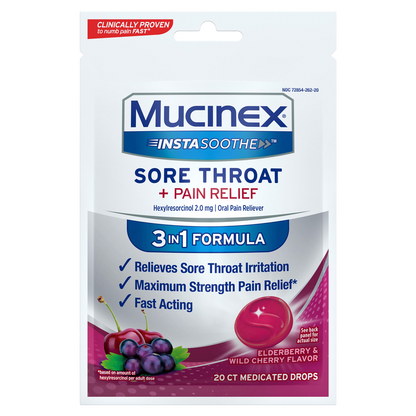 Mucinex InstaSoothe Sore Throat Drops + Pain Relief - Elderberry & Wild Cherry 20 ct.