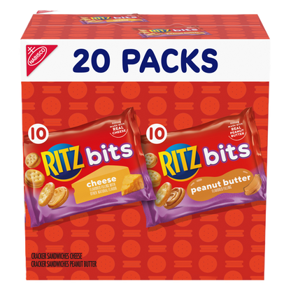 RITZ Bits Cheese and RITZ Bits Peanut Butter Sandwich Crackers Variety Pack, Lunch Snacks, 20 Snack Packs