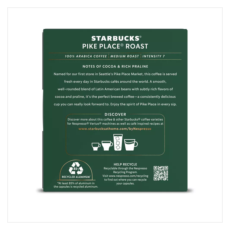 Nespresso Starbucks Vertuo Pike Place Roast 8ct  7.77oz Capsules