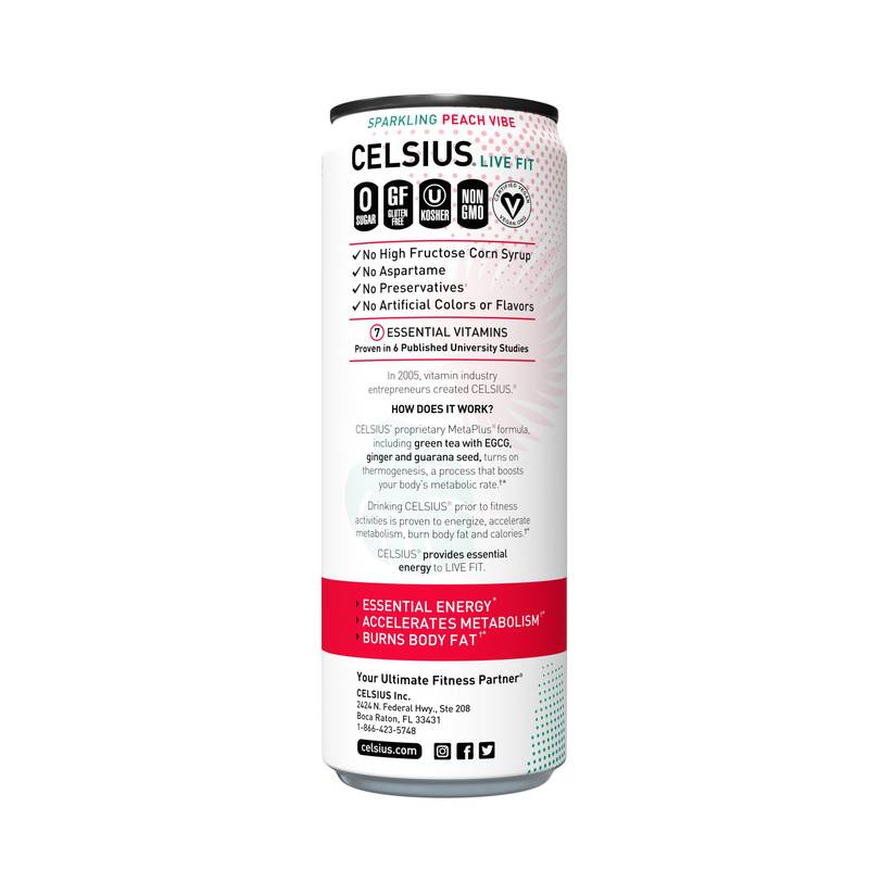 CELSIUS Sparkling Peach Vibe Essential Energy Drink 12oz Can
