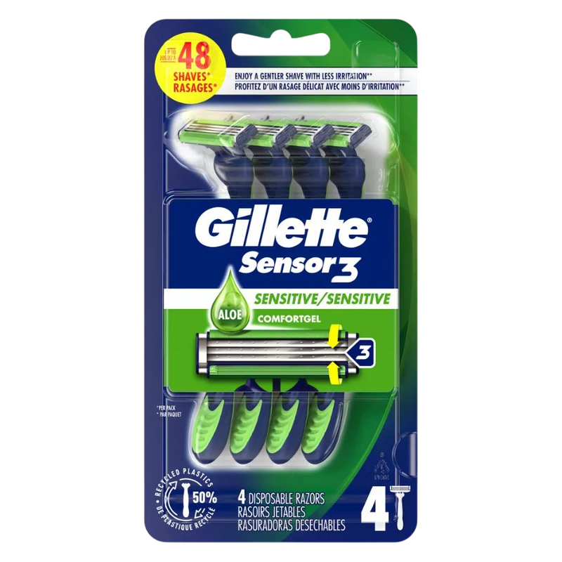 Gillette Sensor3 Sensitive Men's Disposable Razor, 4 Razors