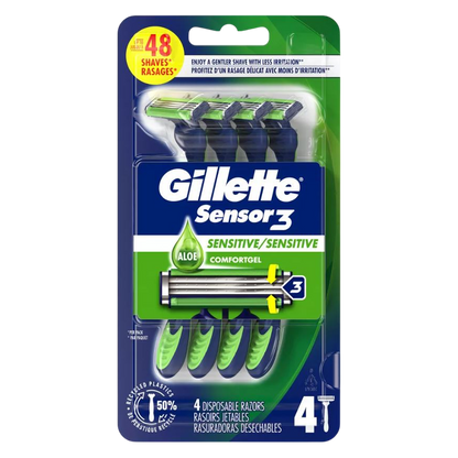 Gillette Sensor3 Sensitive Men's Disposable Razor, 4 Razors