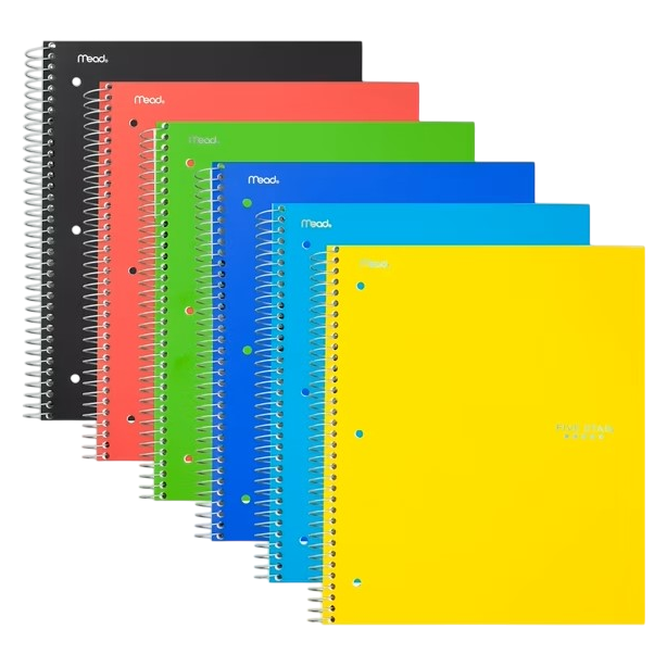 Five Star Wirebound Notebook, 2 Subject College Ruled, 11 X 8, Assorted Colors; 1 Notebook