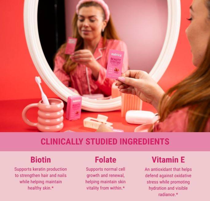 Nutrics Beauty Essentials Oral Strips – 30ct, Biotin + Folate + Vitamin E, No Water, Zero Sugar