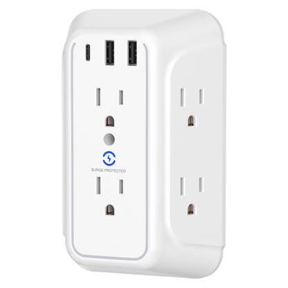 USB Wall Charger/Surge Protector 6-Outlet Extender with 2 USB Charging Ports 3-Sided Power Strip with Adapter Spaced Outlets