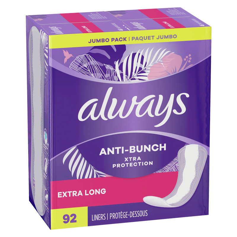 Always Anti-Bunch Xtra Protection Daily Liners Extra Long Absorbency Unscented 92ct