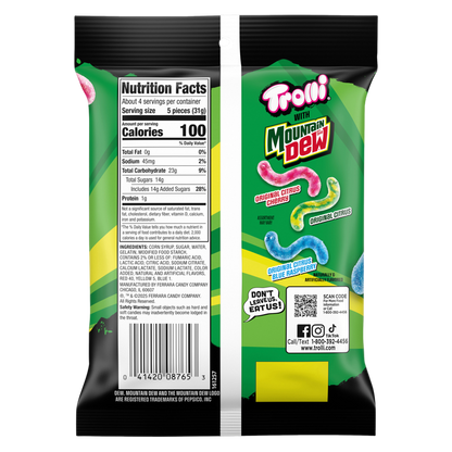Trolli x Mountain Dew Sour Brite Crawlers Gummy Worm Candy, 4.25