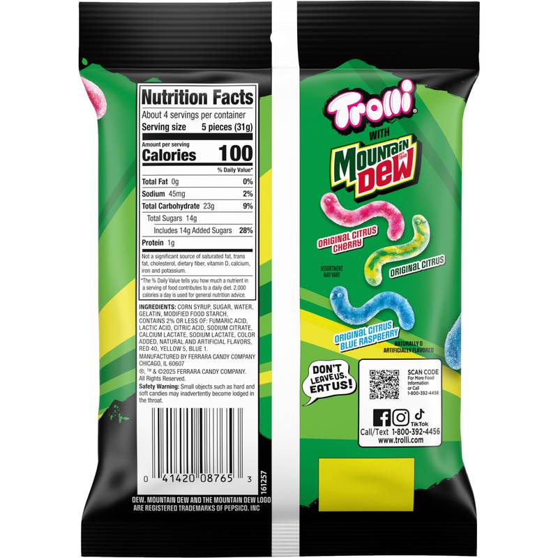 Trolli x Mountain Dew Sour Brite Crawlers Gummy Worm Candy, 4.25 oz