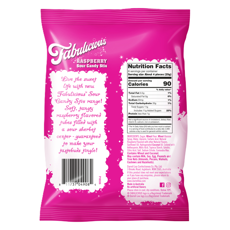 Darrell Lea Fabulicious Raspberry Sour Candy Stix, 7oz - Darrell