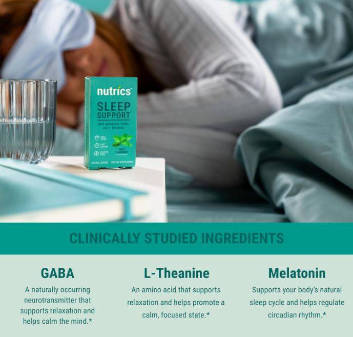 Nutrics Fast-Acting Sleep Support Oral Strips 30ct, Melatonin + GABA + L-Theanine, No Water, Zero Sugar