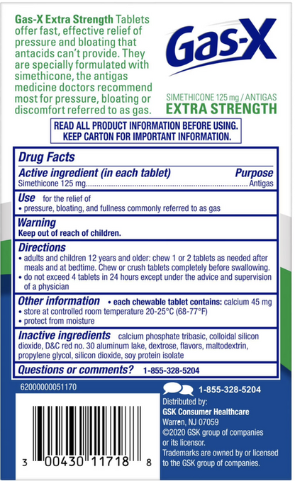 Gas-X Extra Strength Chewable Gas Relief Tablets with Simethicone 125 mg, Cherry - 18 Count
