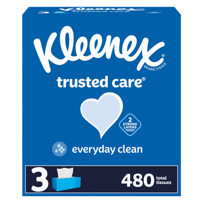 Kleenex Trusted Care Facial Tissues, 3 Flat Boxes, 160 Tissues per Box, 2-Ply (480 Total Tissues)
