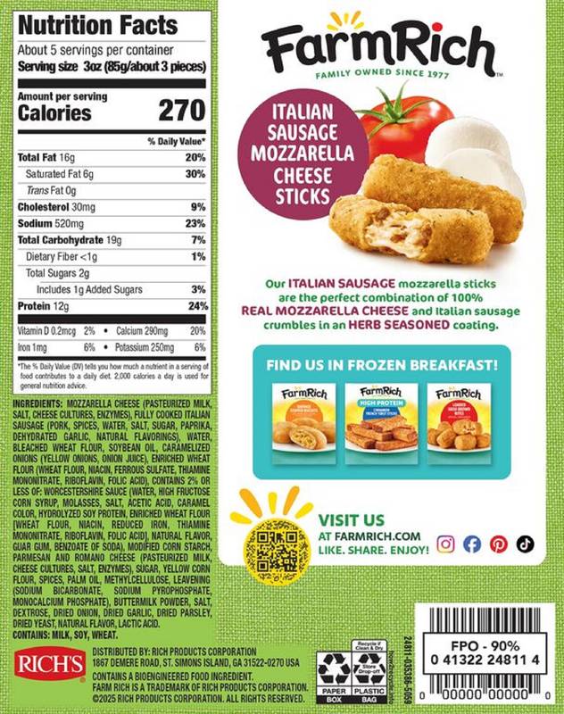 Farm Rich Italian Mozzarella Sausage Cheese Sticks