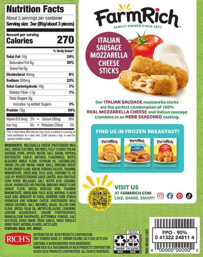 Farm Rich Italian Mozzarella Sausage Cheese Sticks