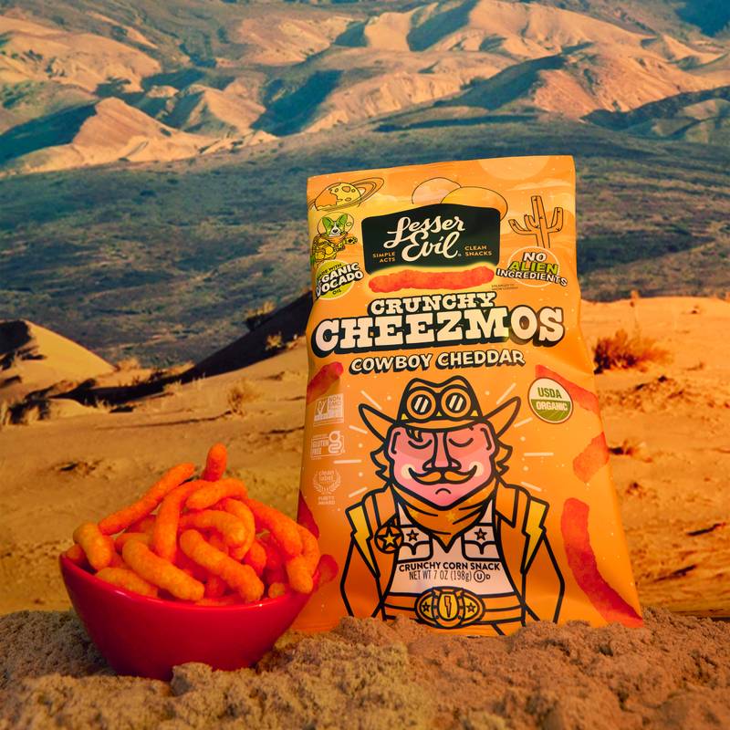 【チーズ】 LesserEvil Crunch Cheezmos Cowboy Cheddar, 7oz - Lesser Evil – BevMo!