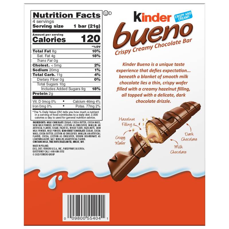 Kinder Bueno Milk Chocolate and Hazelnut Cream, 1 Pack, 4 Individually Wrapped Chocolate Bars, 3 oz
