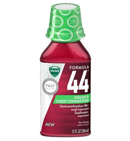 Vicks Formula 44 DM Cough & Congestion Liquid, Cough Medicine for Adults, Berry, 12 fl oz