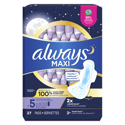 Always Maxi Overnight Pads with Wings Size 5 Extra Heavy Overnight Unscented 27ct