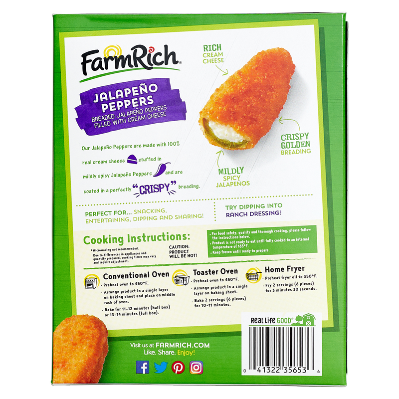 Farm Rich Frozen Breaded Jalapeno Peppers Stuffed with Real Cream Cheese 18oz