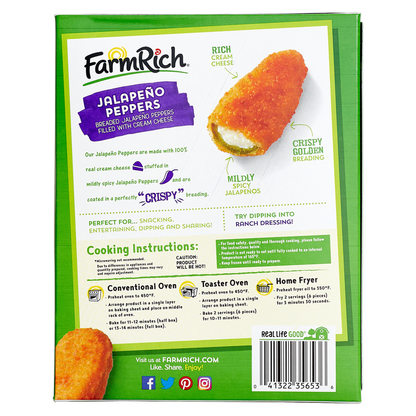 Farm Rich Frozen Breaded Jalapeno Peppers Stuffed with Real Cream Cheese 18oz