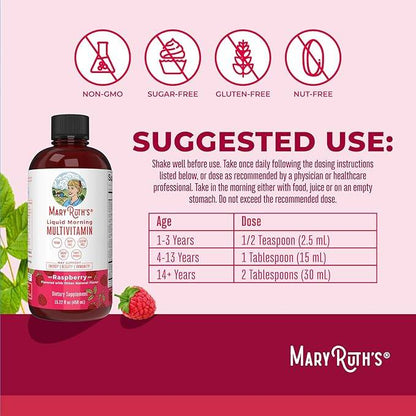 MaryRuth's Liquid Morning Vegan Multivitamin, Raspberry, 15.22oz