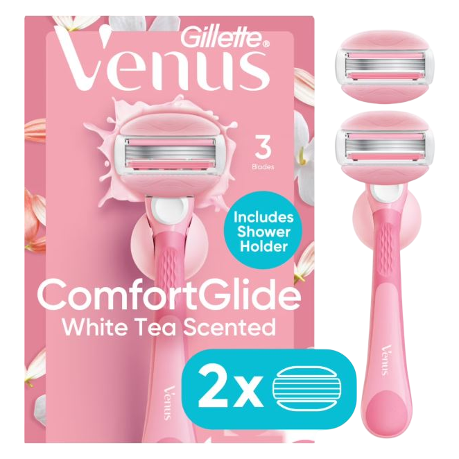 Venus Comfortglide Women's Razor White Tea Scented with Reusable Razor Handle, 2 Razor Blade Refills and Shower Holder