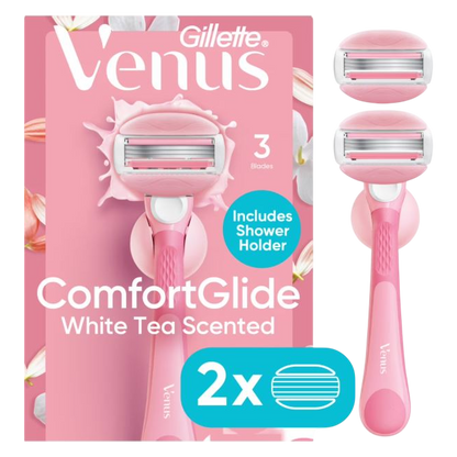 Venus Comfortglide Women's Razor White Tea Scented with Reusable Razor Handle, 2 Razor Blade Refills and Shower Holder