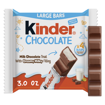 Kinder Chocolate, 4 Large Bars, Milk Chocolate Bar with Creamy Milky Filling, Individually Wrapped Candy, 3 oz Total
