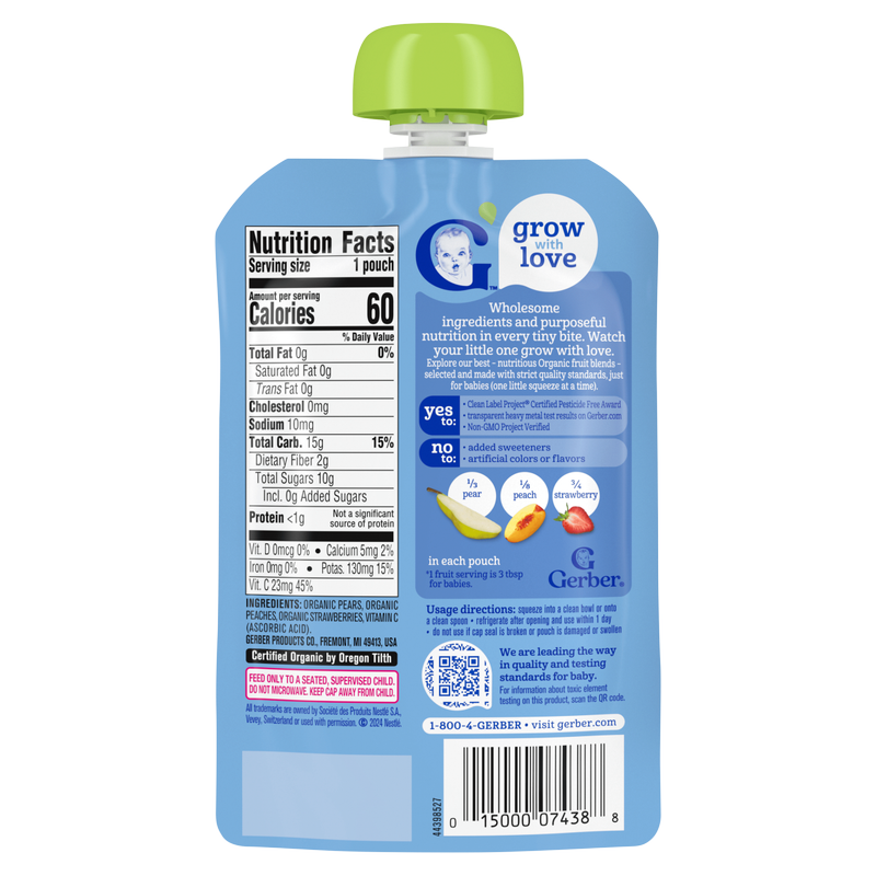 Gerber Organic Pear Peach Strawberry Pouch 3.5oz