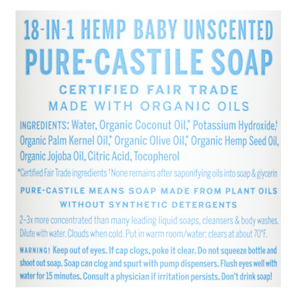Dr. Bronner's 18-In-1 Hemp Baby Pure Castile Soap Unscented 32oz