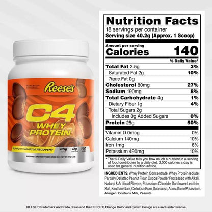 C4 Whey Protein Powder, Reese's Peanut Butter Cup Flavor, 25g of Protein, 18 Servings