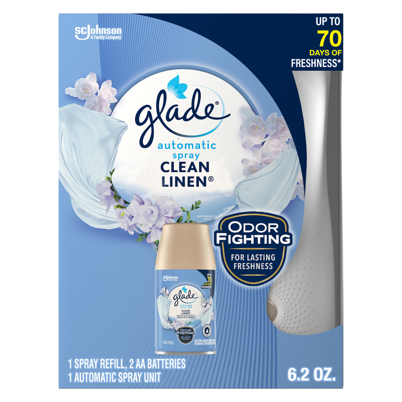 Glade Automatic Spray Air Freshener Starter Kit, 1 Holder and 1 Refill, Clean Linen, Fragrance Infused with Essential Oils, 6.2 oz