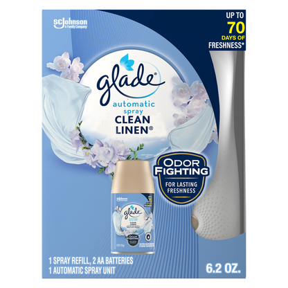 Glade Automatic Spray Air Freshener Starter Kit, 1 Holder and 1 Refill, Clean Linen, Fragrance Infused with Essential Oils, 6.2 oz