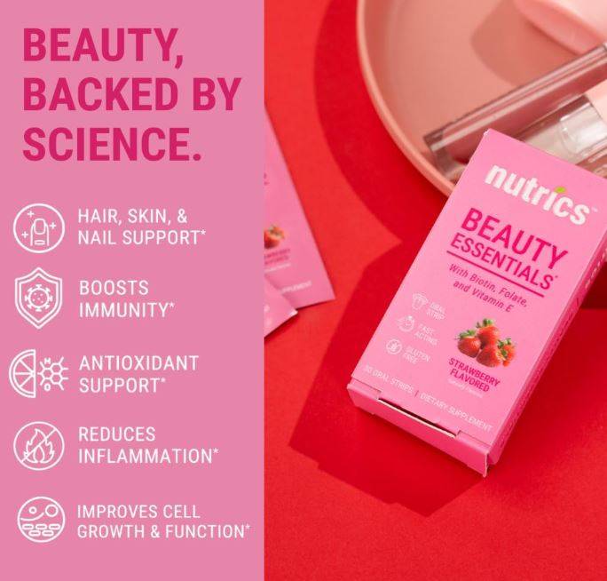 Nutrics Beauty Essentials Oral Strips – 30ct, Biotin + Folate + Vitamin E, No Water, Zero Sugar